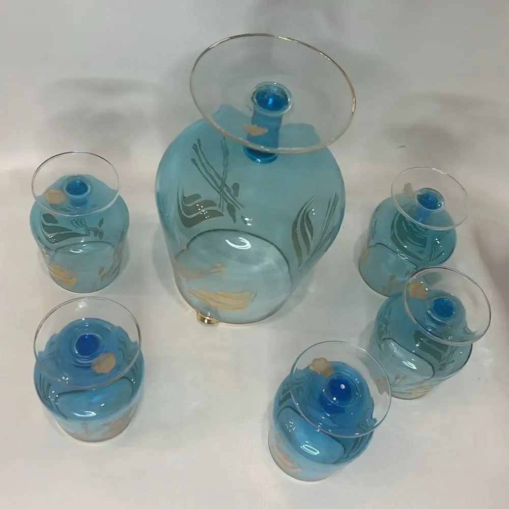 Italy Bar Spout Pitcher 5 Glass Vintage Cobalt Venetian Blue Hand Painted Gold